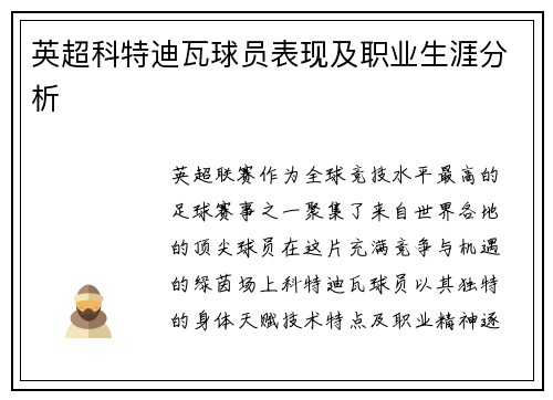 英超科特迪瓦球员表现及职业生涯分析